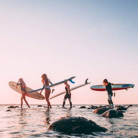 a couple of people that are standing in the water